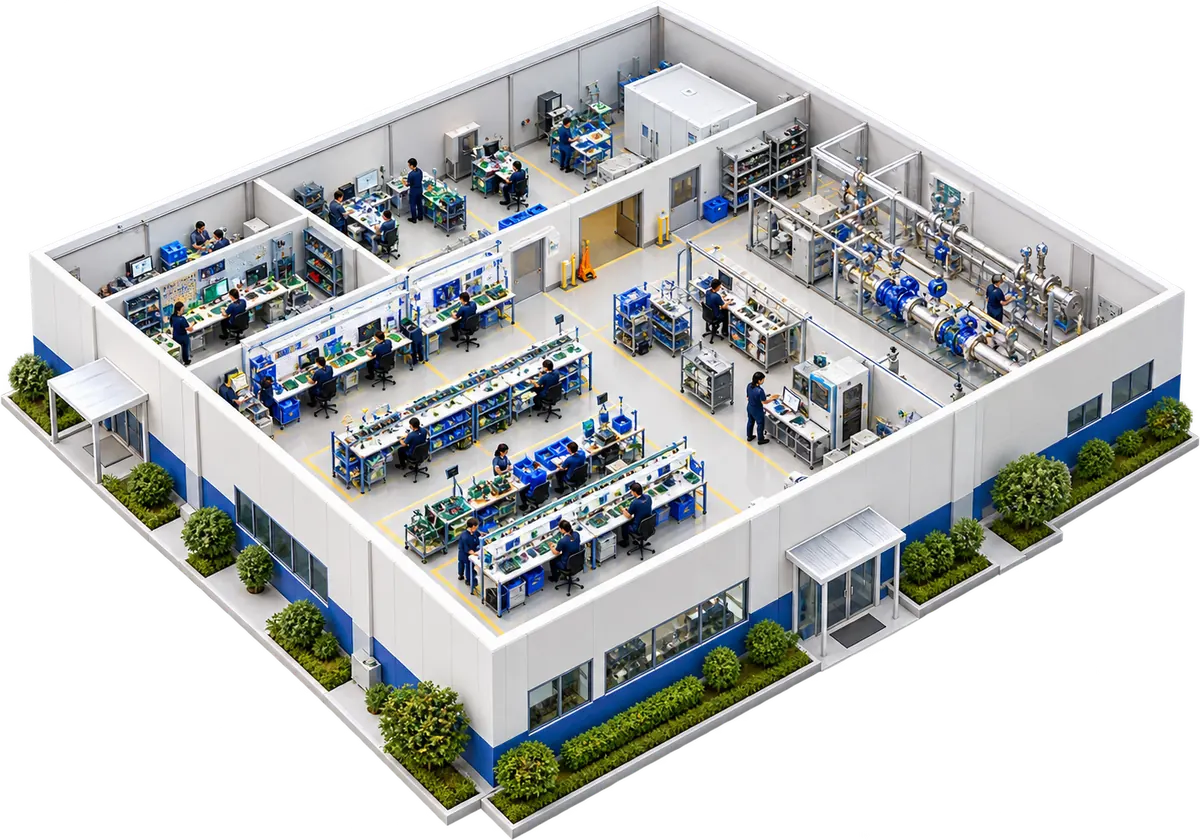 An illustration of a meter factory seen from above, with its electronics, assembly, calibration and testing areas