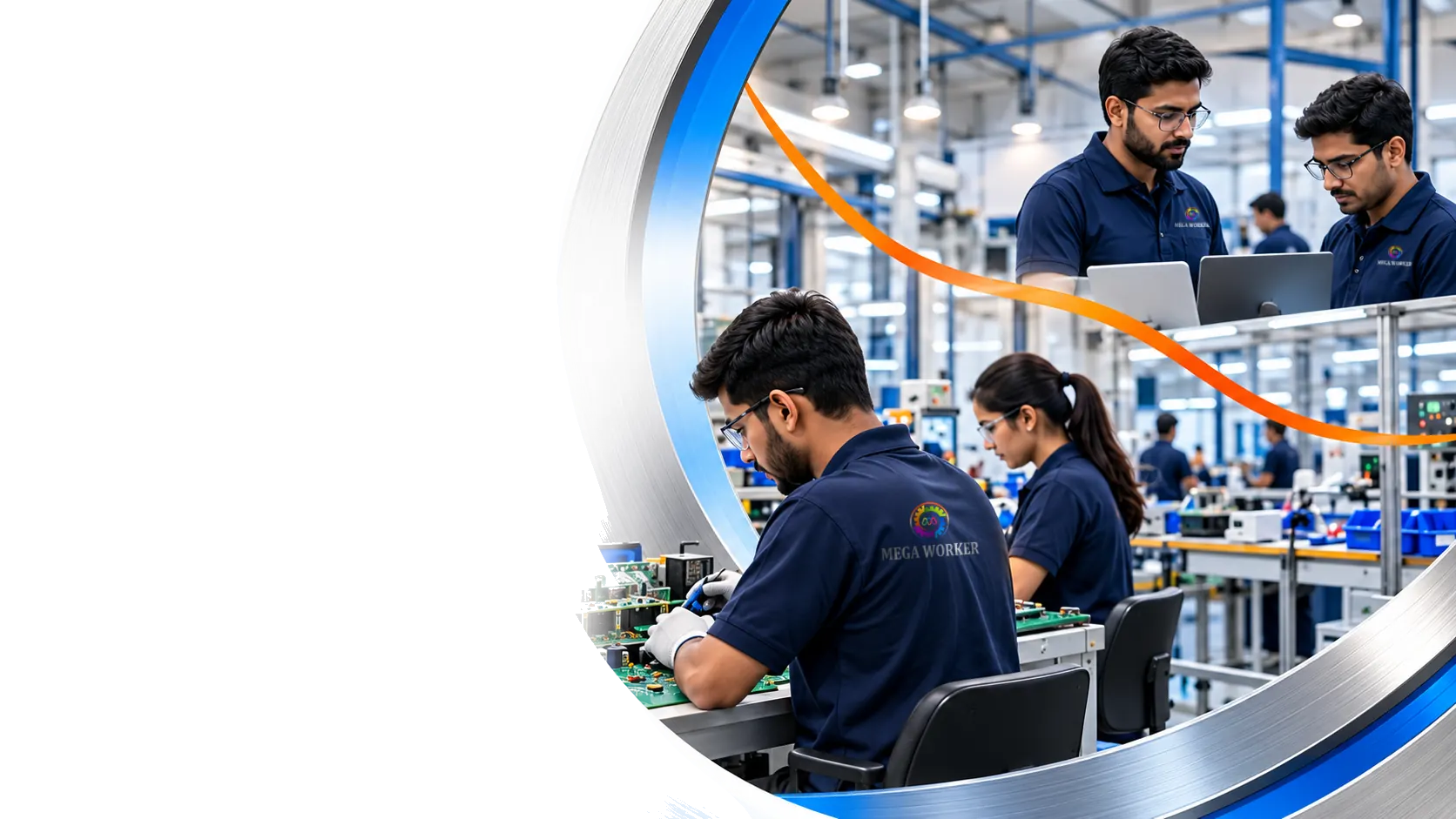 An illustration of technicians assembling and checking meter electronics on a factory floor