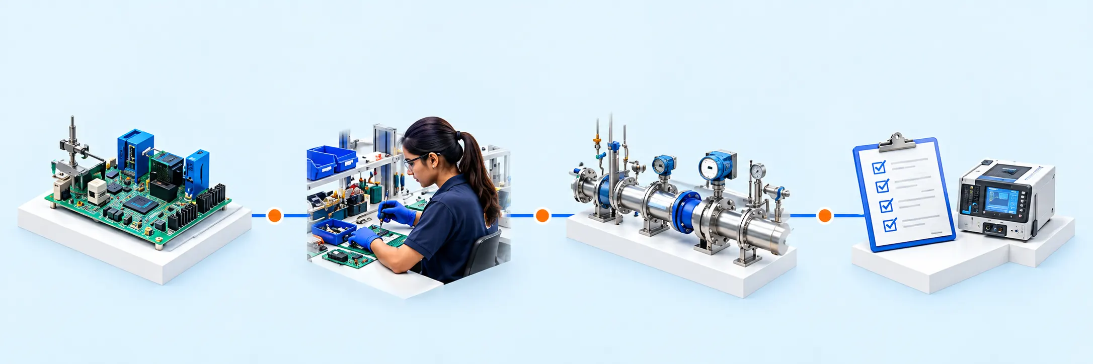 An illustration of the four stages in a row: electronics, assembly, calibration and testing