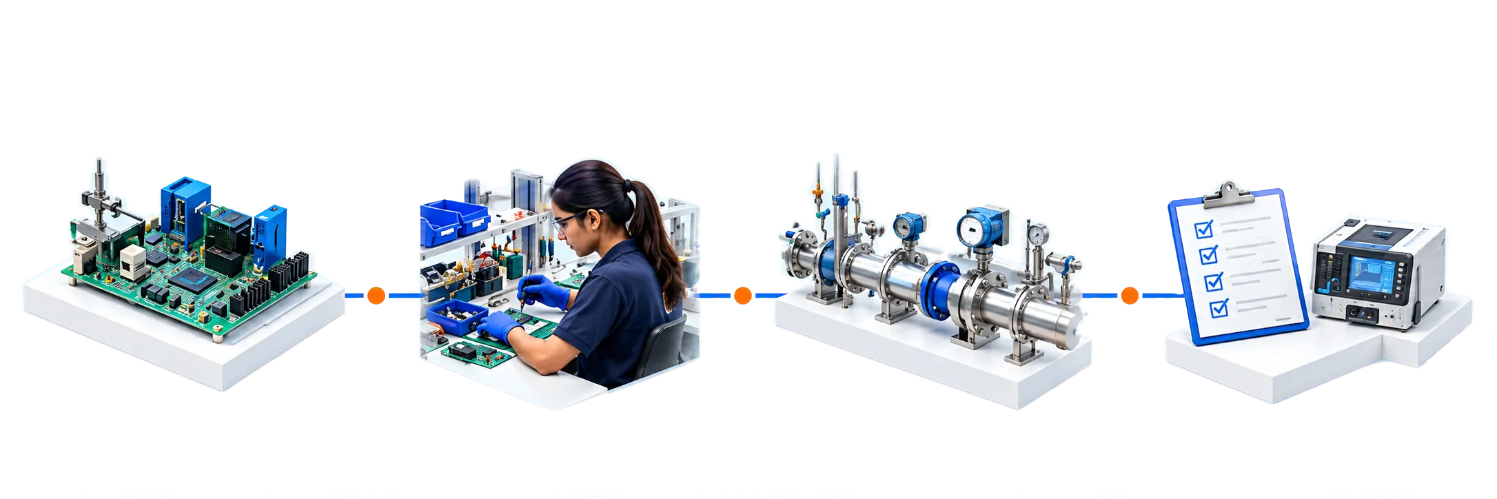 An illustration of the four stages in a row: electronics, assembly, calibration and testing