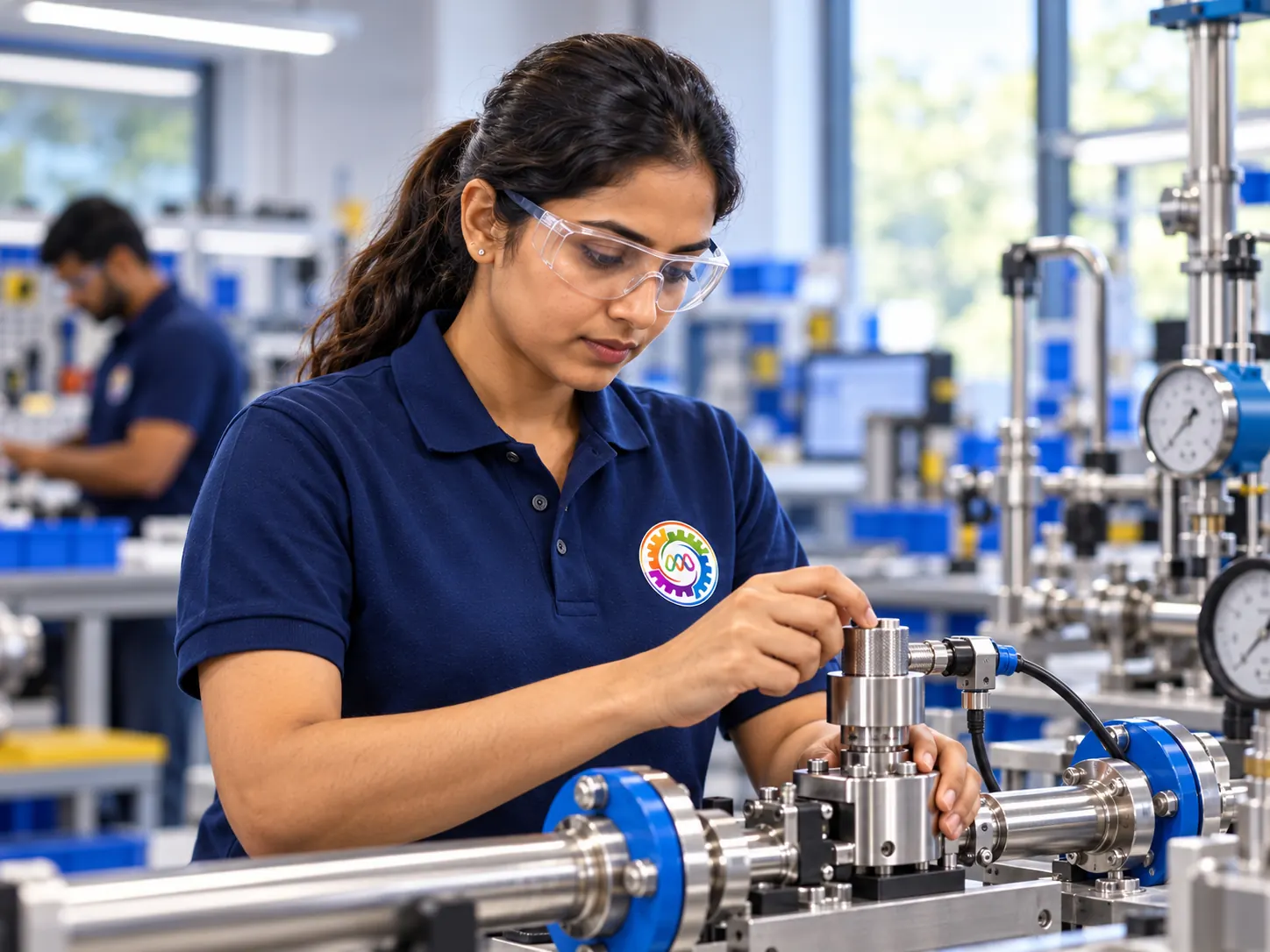 An illustration of a technician fitting a meter on a test bench
