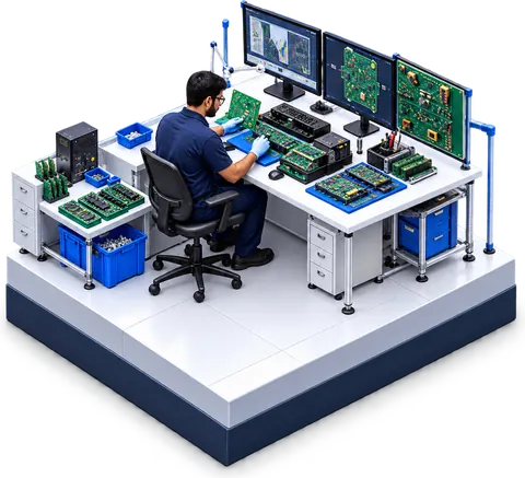 An illustration of the Electronic and mechanical manufacturing stage