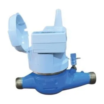 A Metrys water meter with an AMR module seated on the register, the lid open and a sealing wire through the lug.